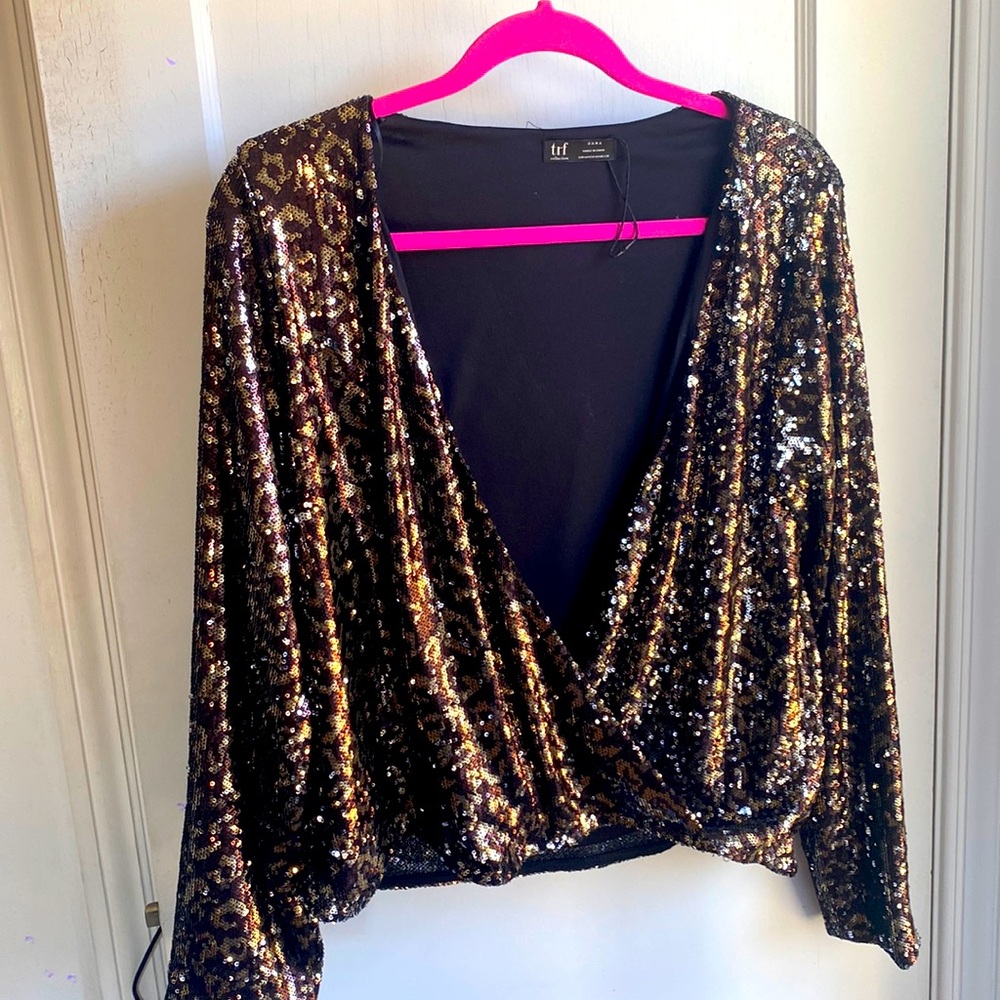 Zara cheetah print sequin blouse size M